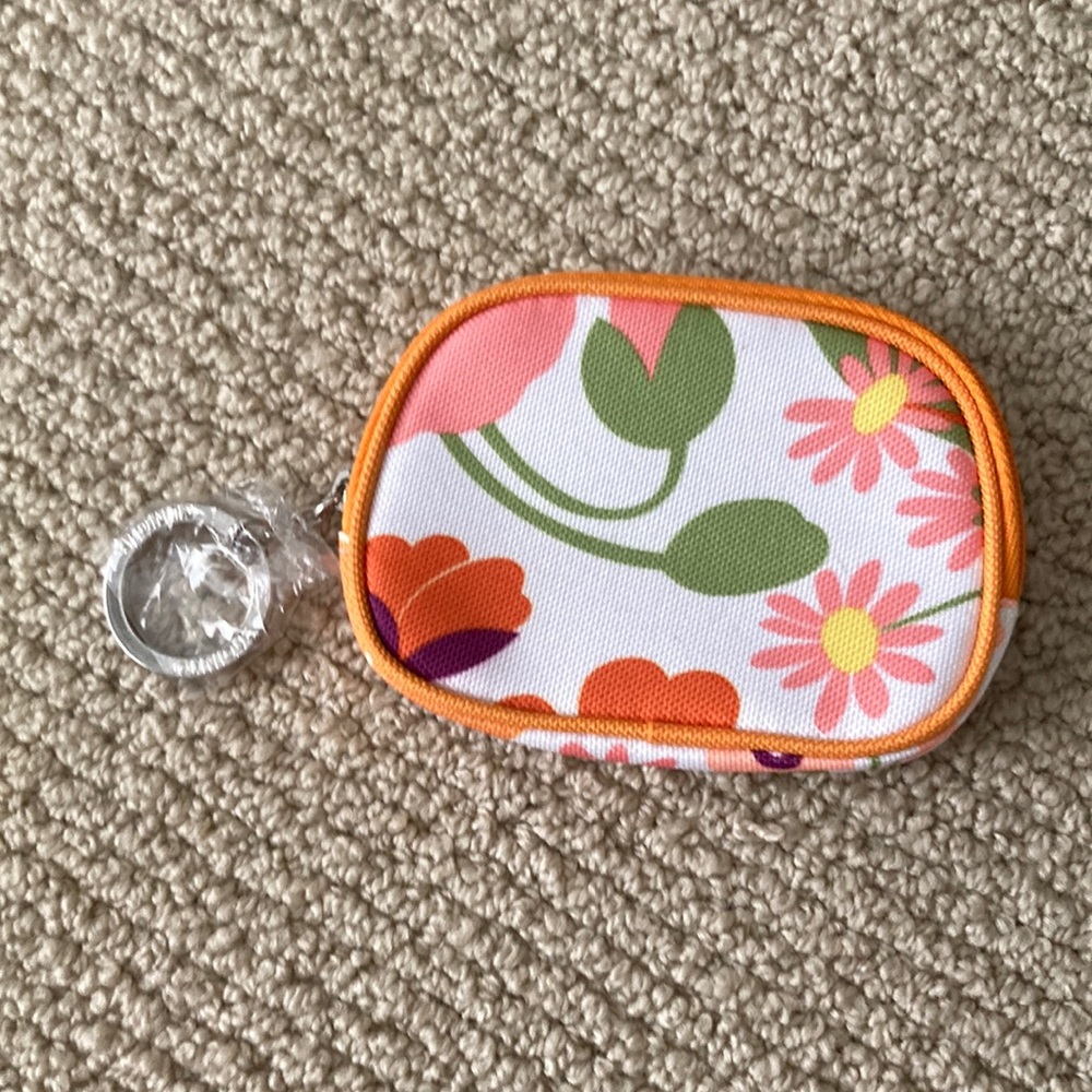NEW Clinique Coin Purse Zip Around Mini Bag Floral Orange White NWOT